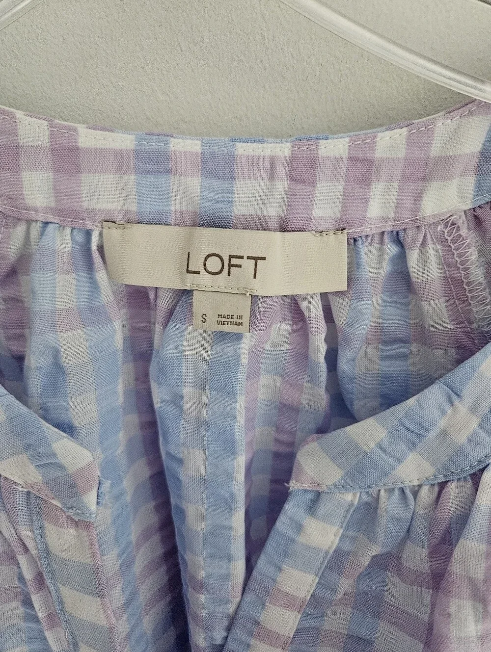 Loft Pastel Check Balloon Sleeve Blouse Blue And Lavender